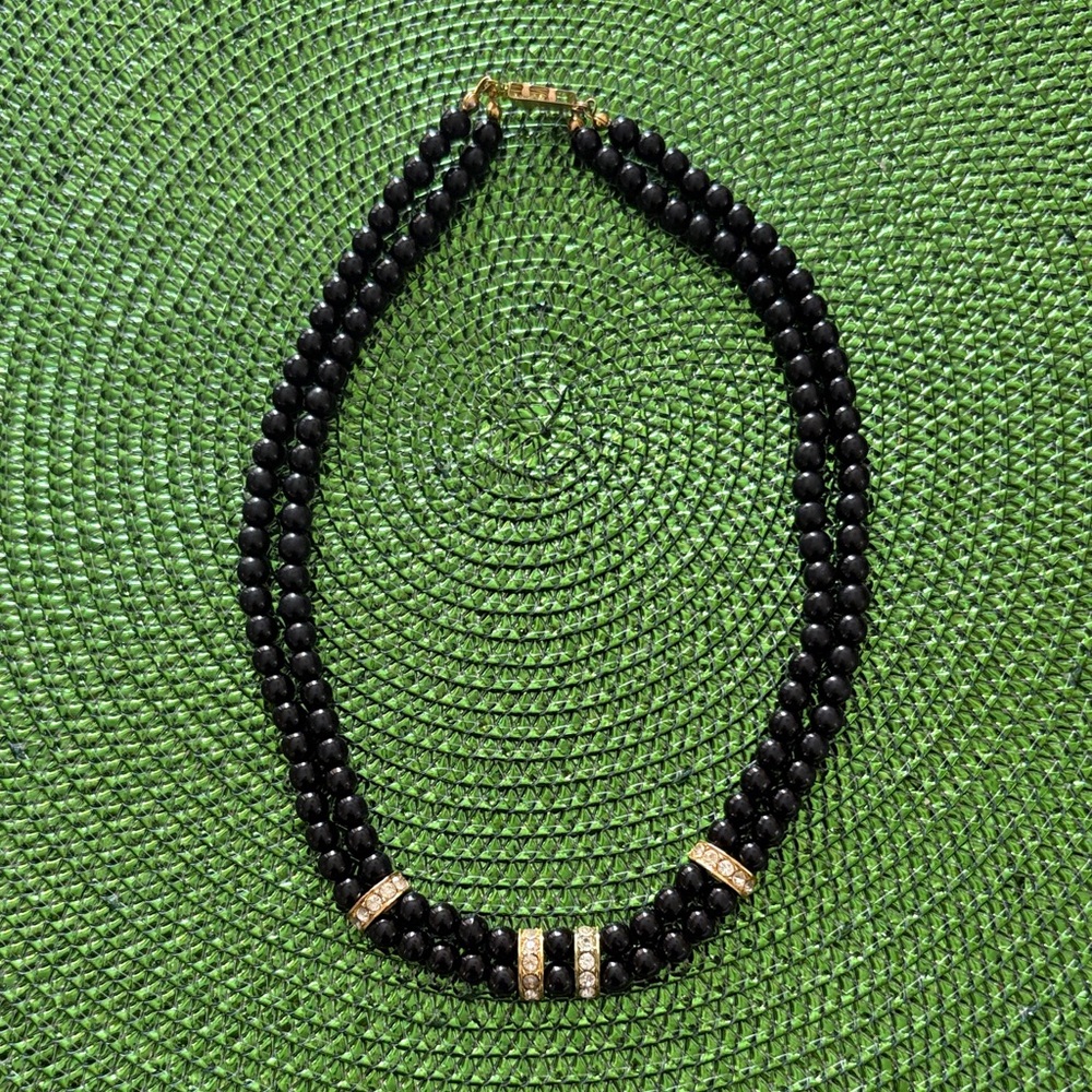 Vintage Black Beaded Necklace with Gold Accents